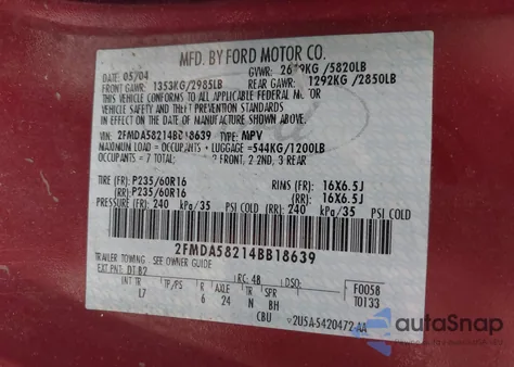 2004 Ford Freestar Limited z USA, uszkodzony, nr VIN 2FMDA58214BB18639